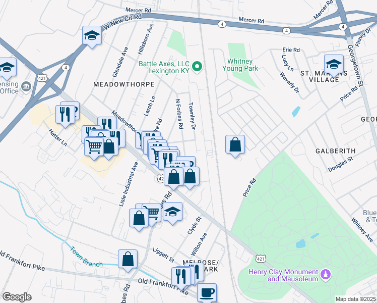 map of restaurants, bars, coffee shops, grocery stores, and more near 1441 North Forbes Road in Lexington