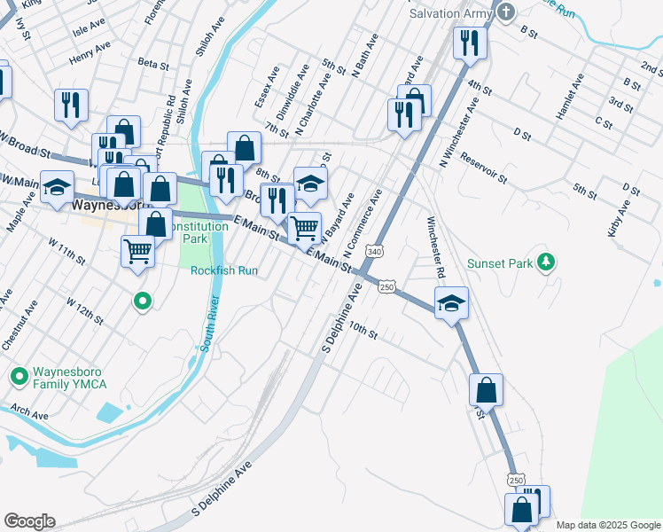 map of restaurants, bars, coffee shops, grocery stores, and more near 610 U.S. 250 in Waynesboro