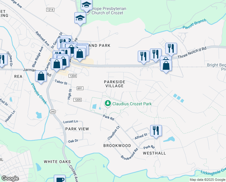 map of restaurants, bars, coffee shops, grocery stores, and more near 421 Cranberry Ln in Crozet