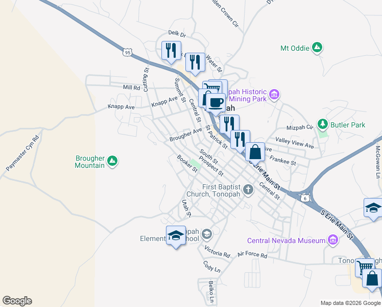 map of restaurants, bars, coffee shops, grocery stores, and more near 183 Prospect Street in Tonopah