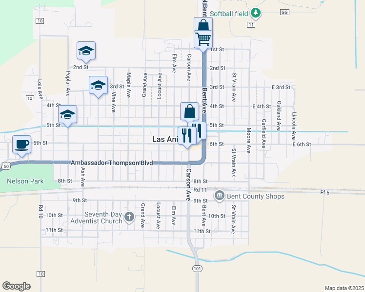 map of restaurants, bars, coffee shops, grocery stores, and more near 650 Elm Avenue in Las Animas