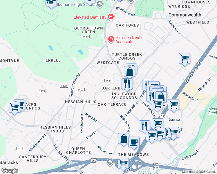 map of restaurants, bars, coffee shops, grocery stores, and more near 1724 Solomon Road in Charlottesville