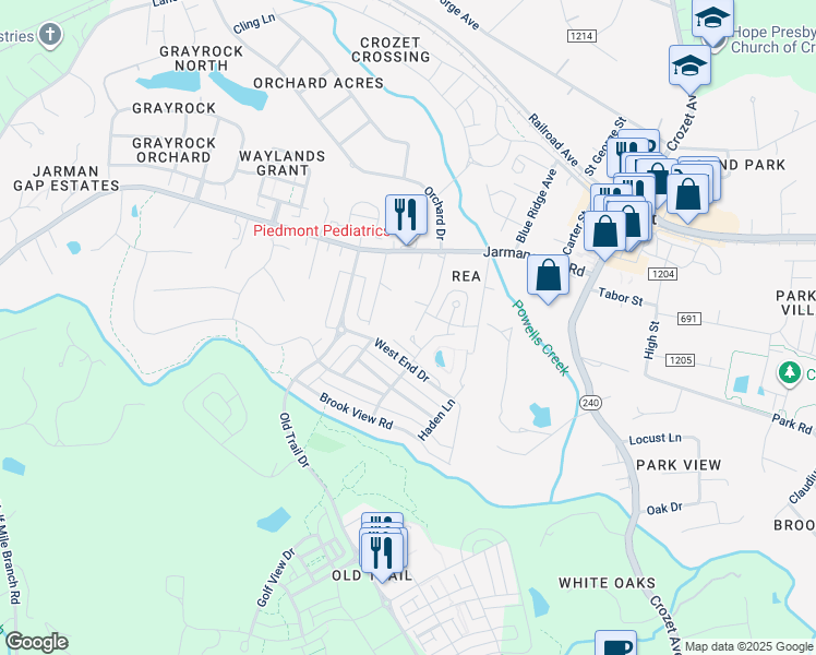 map of restaurants, bars, coffee shops, grocery stores, and more near 1088 Killdeer Lane in Crozet