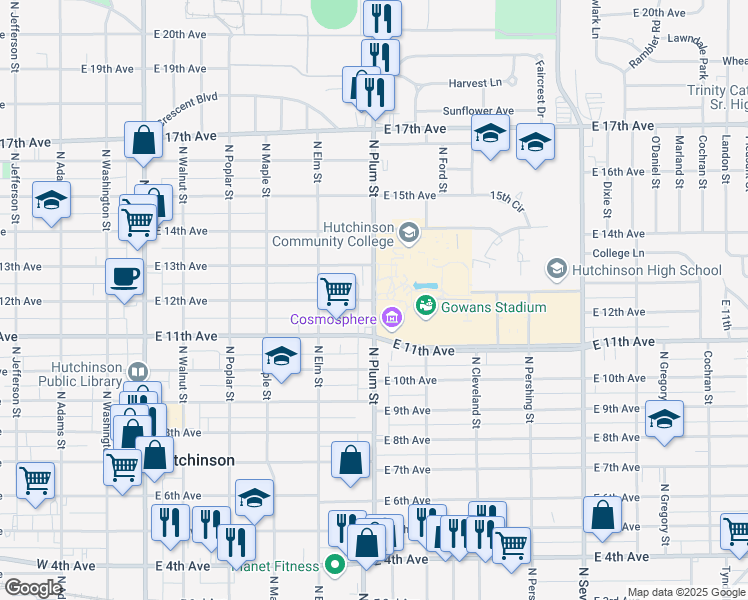 map of restaurants, bars, coffee shops, grocery stores, and more near 499 East 12th Avenue in Hutchinson