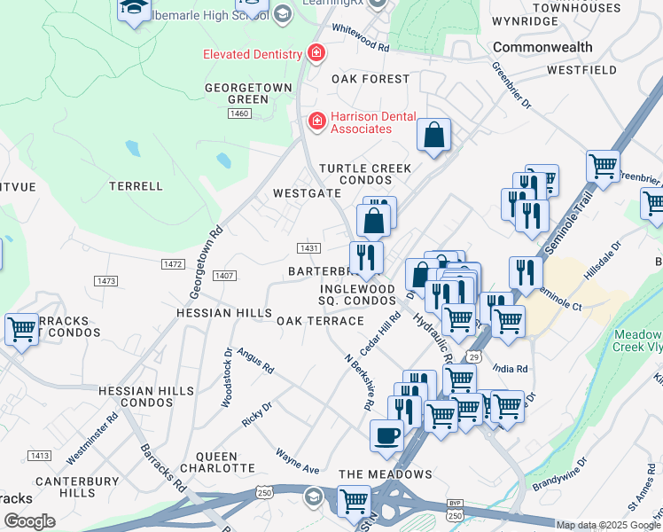 map of restaurants, bars, coffee shops, grocery stores, and more near 1804 Solomon Road in Charlottesville