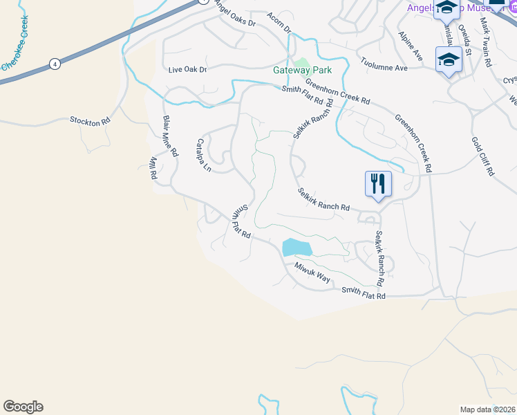 map of restaurants, bars, coffee shops, grocery stores, and more near 365 Smith Flat Road in Angels Camp