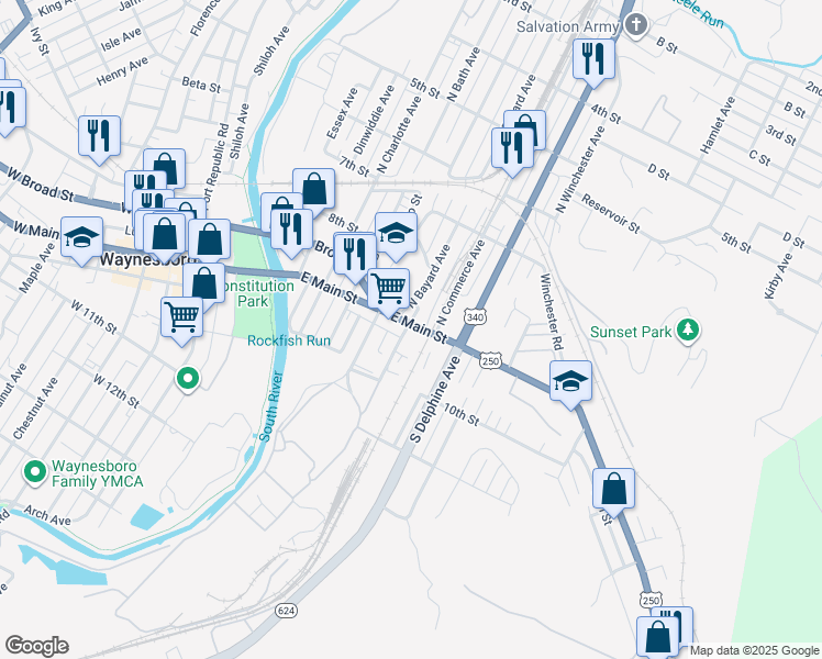 map of restaurants, bars, coffee shops, grocery stores, and more near 600 East Main Street in Waynesboro