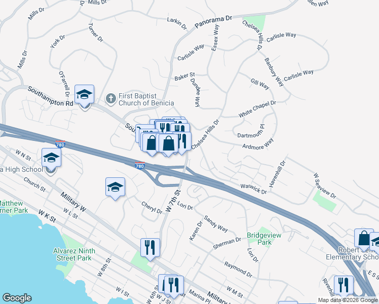 map of restaurants, bars, coffee shops, grocery stores, and more near 801 Southampton Road in Benicia