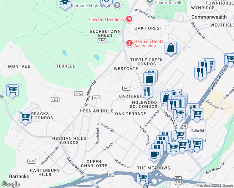 map of restaurants, bars, coffee shops, grocery stores, and more near 345 North Bennington Road in Charlottesville