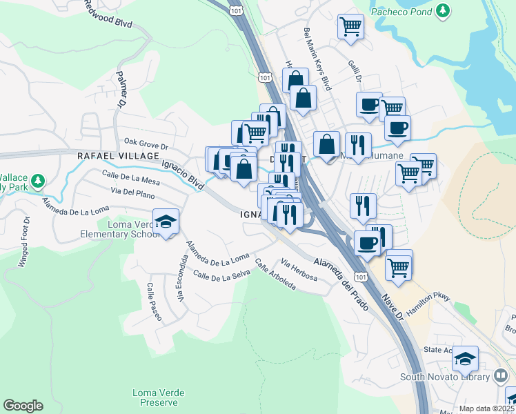 map of restaurants, bars, coffee shops, grocery stores, and more near 17 Salvatore Drive in Novato