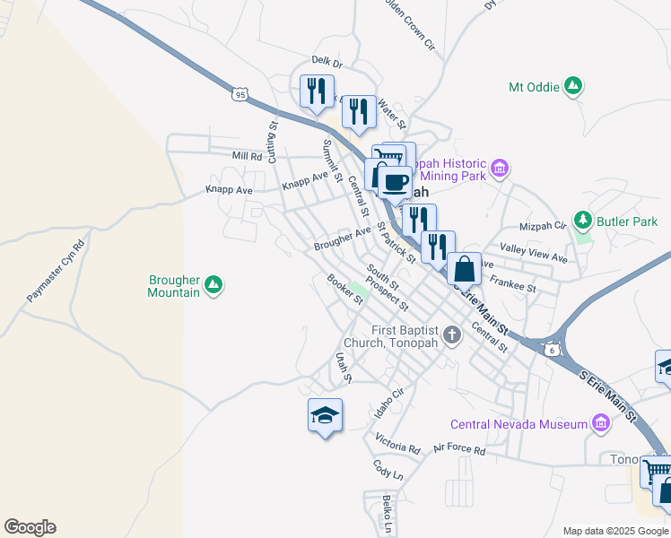 map of restaurants, bars, coffee shops, grocery stores, and more near 159 University Street in Tonopah