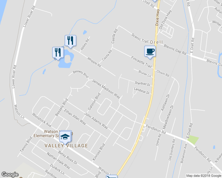 map of restaurants, bars, coffee shops, grocery stores, and more near 6815 James Madison Way in Louisville