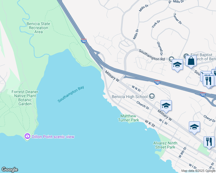 map of restaurants, bars, coffee shops, grocery stores, and more near 1445 West K Street in Benicia