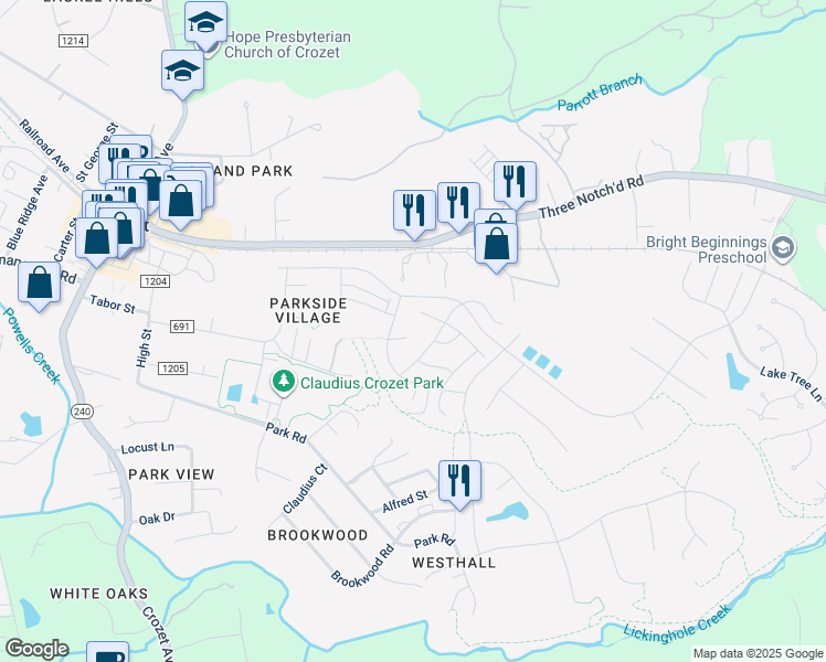 map of restaurants, bars, coffee shops, grocery stores, and more near in Crozet