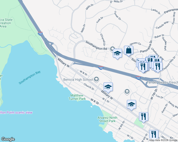 map of restaurants, bars, coffee shops, grocery stores, and more near 1457 Plaza De Oro in Benicia