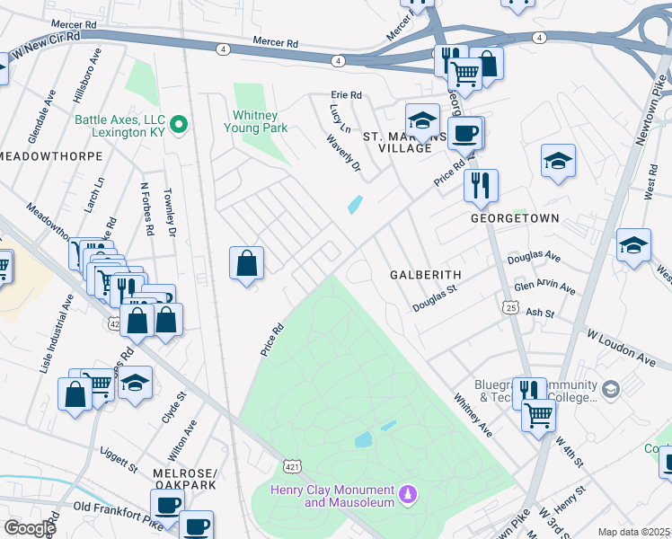 map of restaurants, bars, coffee shops, grocery stores, and more near Price Road in Lexington