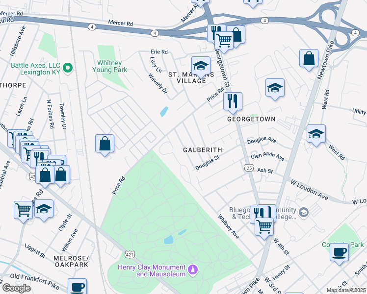 map of restaurants, bars, coffee shops, grocery stores, and more near Chiles Avenue in Lexington