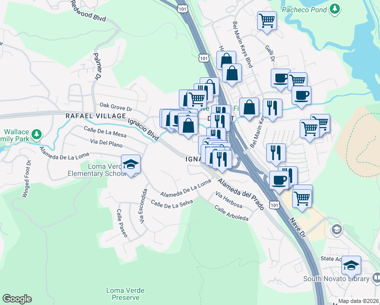 map of restaurants, bars, coffee shops, grocery stores, and more near 17 Salvatore Drive in Novato