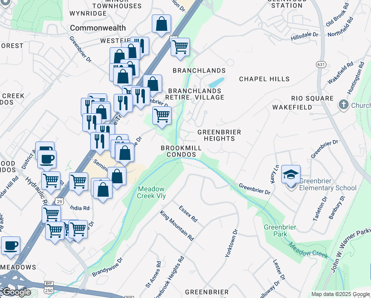 map of restaurants, bars, coffee shops, grocery stores, and more near 1132 Mill Park Drive Extension in Charlottesville