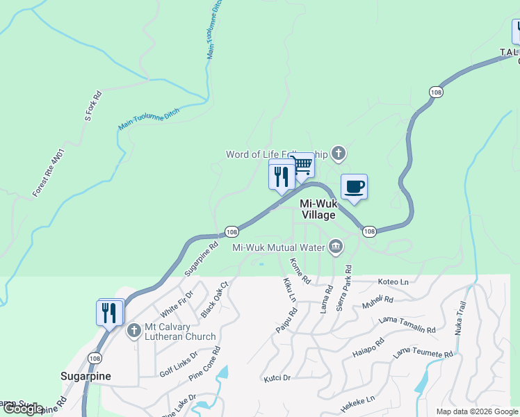 map of restaurants, bars, coffee shops, grocery stores, and more near 24530 California 108 in Mi-Wuk Village