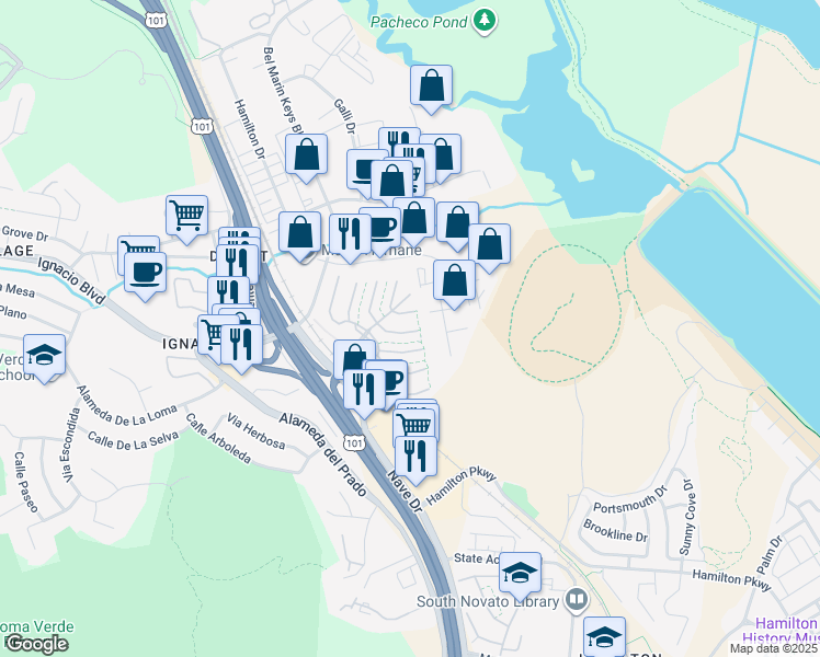 map of restaurants, bars, coffee shops, grocery stores, and more near 14 Pamaron Way in Novato