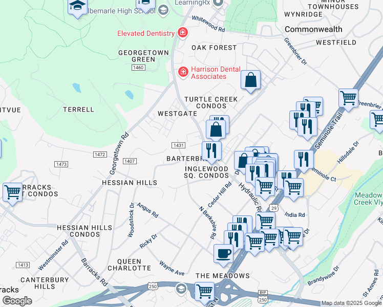 map of restaurants, bars, coffee shops, grocery stores, and more near 2444 North Berkshire Road in Charlottesville