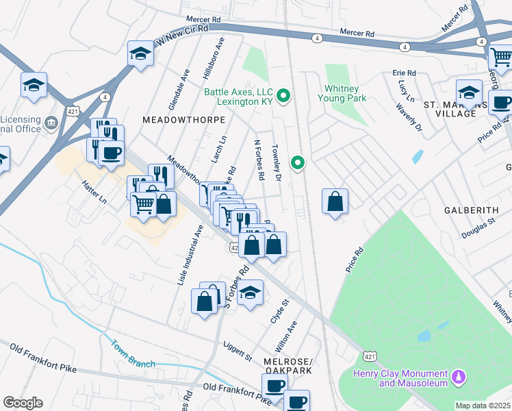 map of restaurants, bars, coffee shops, grocery stores, and more near 220 Pepper Drive in Lexington