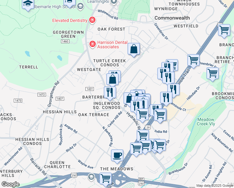 map of restaurants, bars, coffee shops, grocery stores, and more near 2509 Blair Park Road in Crozet