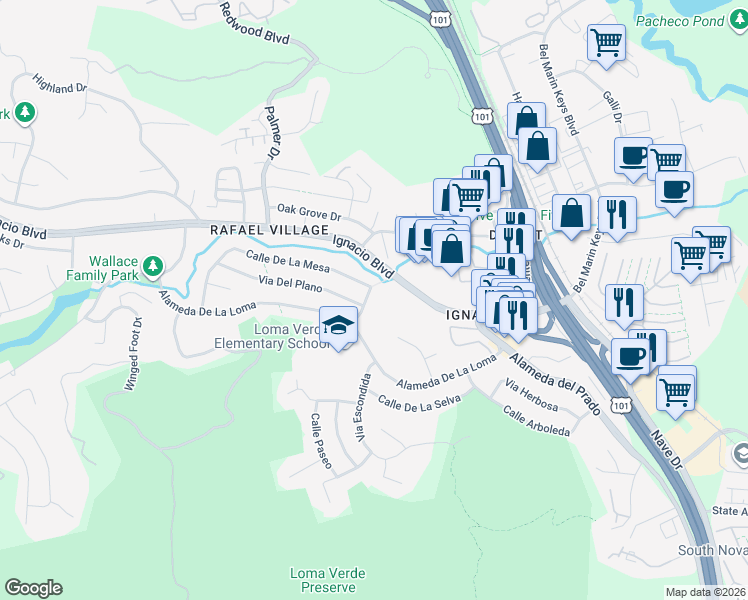 map of restaurants, bars, coffee shops, grocery stores, and more near 400 Calle De La Mesa in Novato