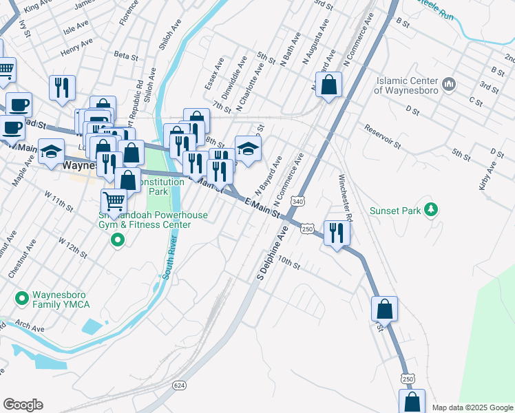 map of restaurants, bars, coffee shops, grocery stores, and more near 610 U.S. 250 in Waynesboro