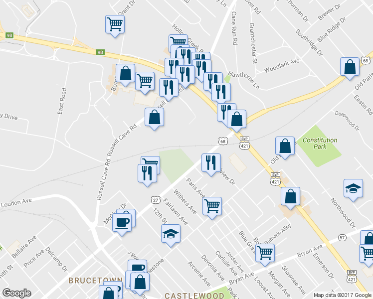 map of restaurants, bars, coffee shops, grocery stores, and more near 315 Northland Drive in Lexington