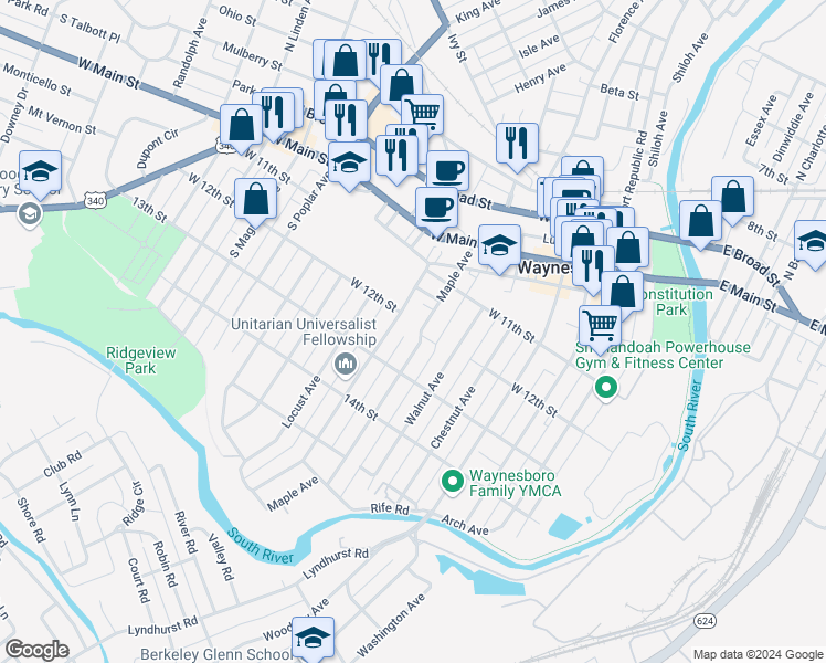 map of restaurants, bars, coffee shops, grocery stores, and more near 400 Pine Avenue in Waynesboro