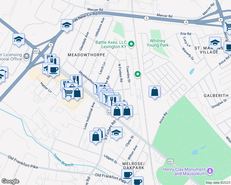 map of restaurants, bars, coffee shops, grocery stores, and more near 220 Pepper Drive in Lexington