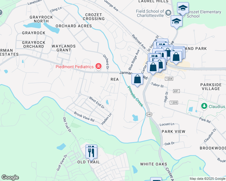 map of restaurants, bars, coffee shops, grocery stores, and more near 1252 Haden Place in Crozet