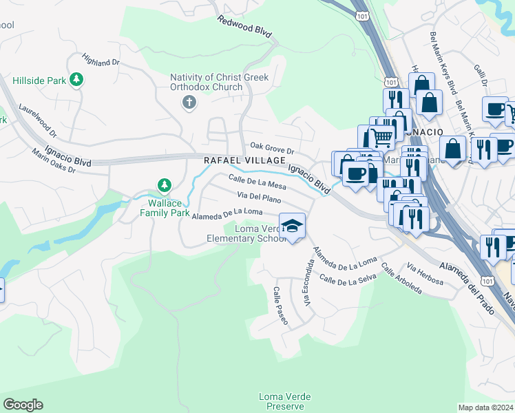 map of restaurants, bars, coffee shops, grocery stores, and more near 444 Alameda De La Loma in Novato