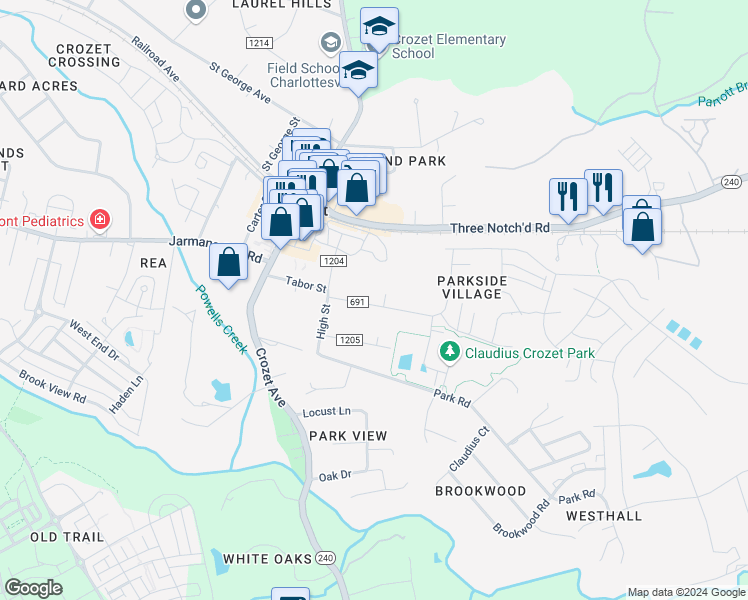 map of restaurants, bars, coffee shops, grocery stores, and more near 5696 Hill Top Street in Crozet