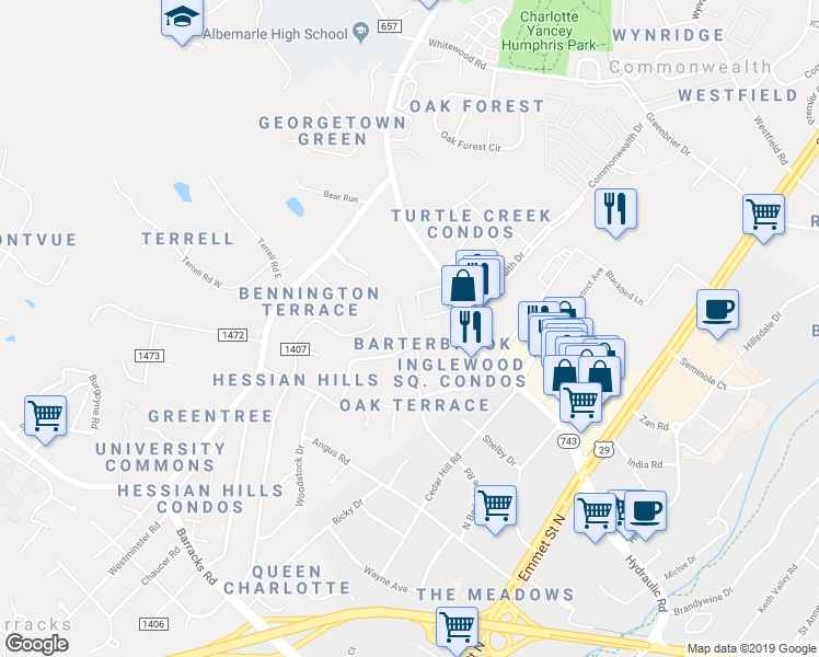 map of restaurants, bars, coffee shops, grocery stores, and more near 2434 North Berkshire Road in Charlottesville