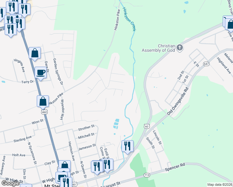 map of restaurants, bars, coffee shops, grocery stores, and more near 600 Bayberry Court in Mount Sterling