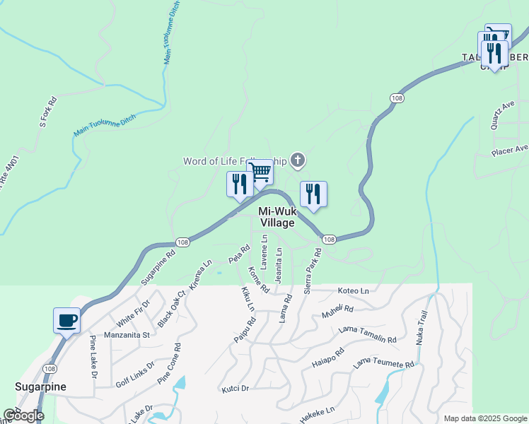 map of restaurants, bars, coffee shops, grocery stores, and more near in Mi-Wuk Village