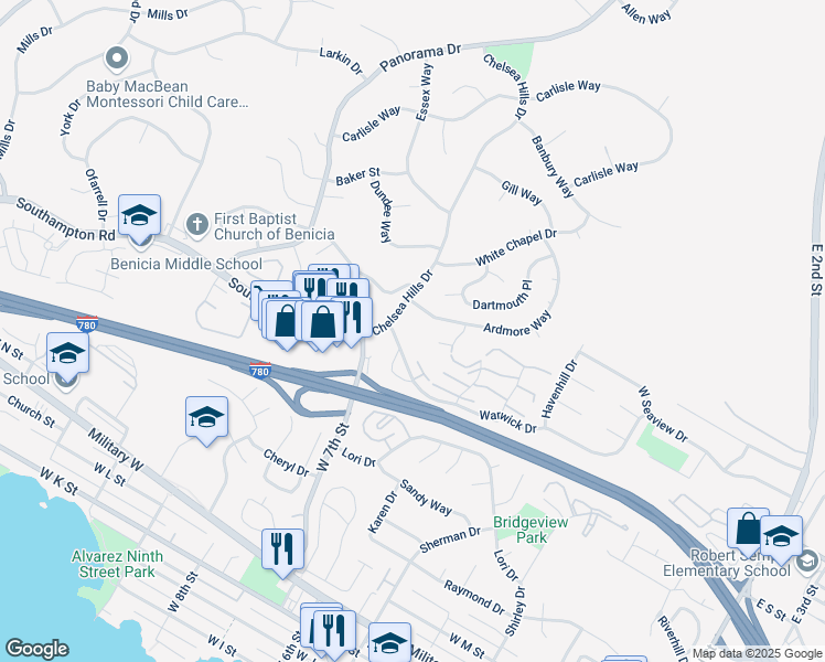 map of restaurants, bars, coffee shops, grocery stores, and more near 50 Chelsea Hills Drive in Benicia