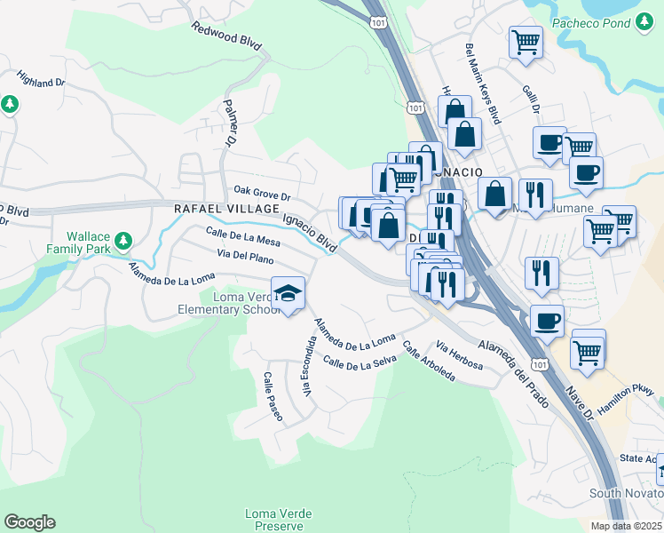 map of restaurants, bars, coffee shops, grocery stores, and more near 495 Ignacio Boulevard in Novato