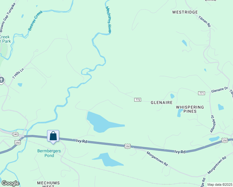 map of restaurants, bars, coffee shops, grocery stores, and more near 3835 West Drive in Charlottesville