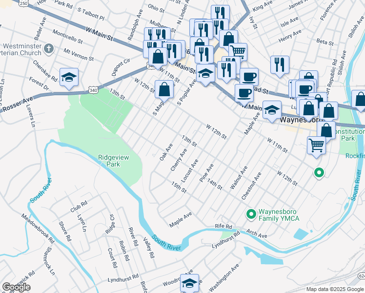 map of restaurants, bars, coffee shops, grocery stores, and more near 515 Cherry Avenue in Waynesboro