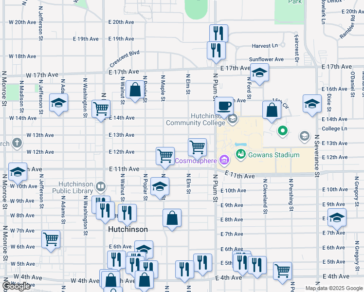 map of restaurants, bars, coffee shops, grocery stores, and more near 1211-1299 North Elm Street in Hutchinson