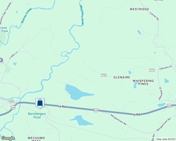 map of restaurants, bars, coffee shops, grocery stores, and more near 3835 West Drive in Charlottesville
