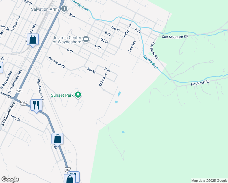 map of restaurants, bars, coffee shops, grocery stores, and more near 460 Kirby Avenue in Waynesboro