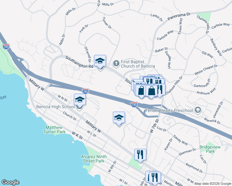 map of restaurants, bars, coffee shops, grocery stores, and more near 900 Southampton Road in Benicia