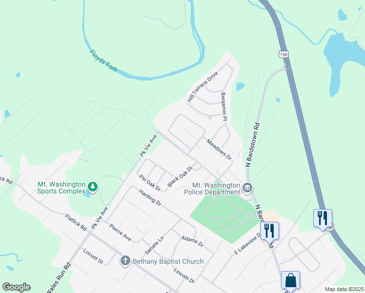 map of restaurants, bars, coffee shops, grocery stores, and more near 486 Greenfield Circle in Mount Washington
