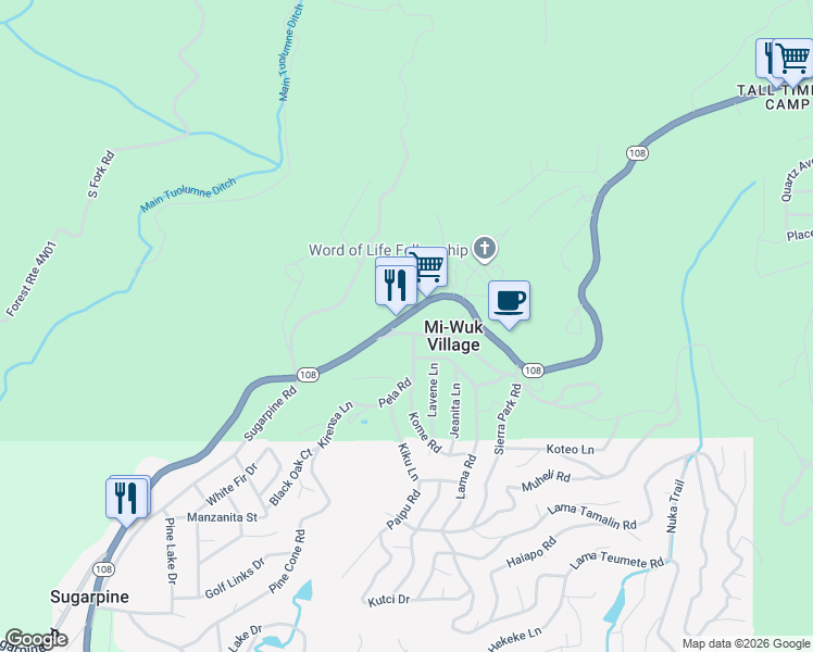 map of restaurants, bars, coffee shops, grocery stores, and more near 24555 California 108 in Twain Harte