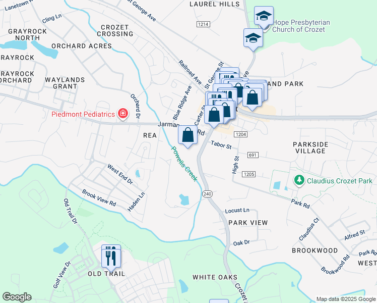 map of restaurants, bars, coffee shops, grocery stores, and more near 1100 Crozet Avenue in Crozet